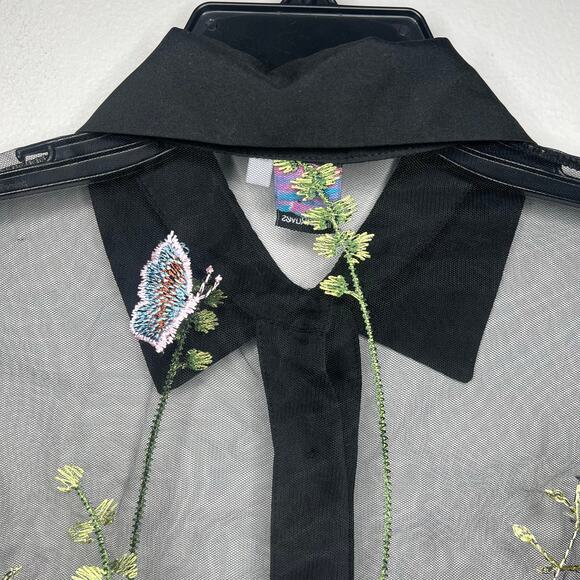 Sheer Mesh Black Embroidered Floral Top Women M Whimsigoth Dark Romantic Y2K 90s - Picture 8 of 13